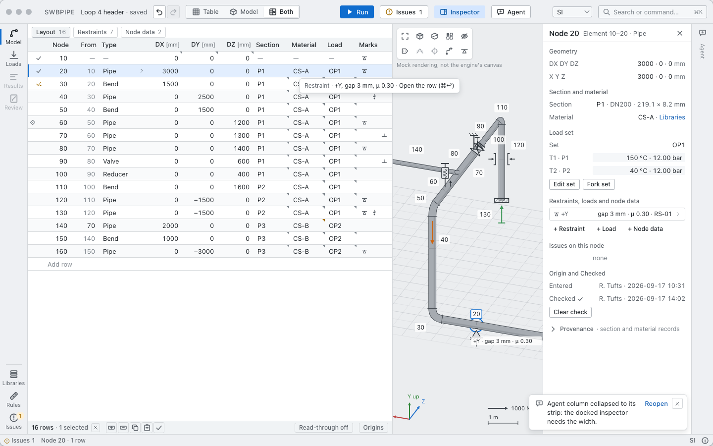 The SWBPIPE window in its Both view: the layout table with one row per node on the left, the drawing made from it in the middle, and the inspector for node 20 on the right.